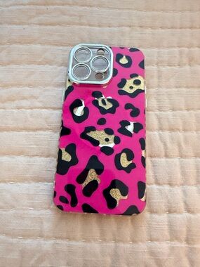 Pink Leopard Print Phone Case with Gold Accents